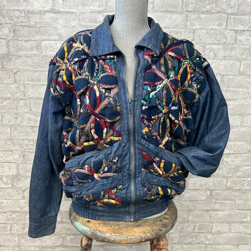Vintage Quilted Denim Jacket Star Fleece Flower Grid Pattern Chambray Coat Large